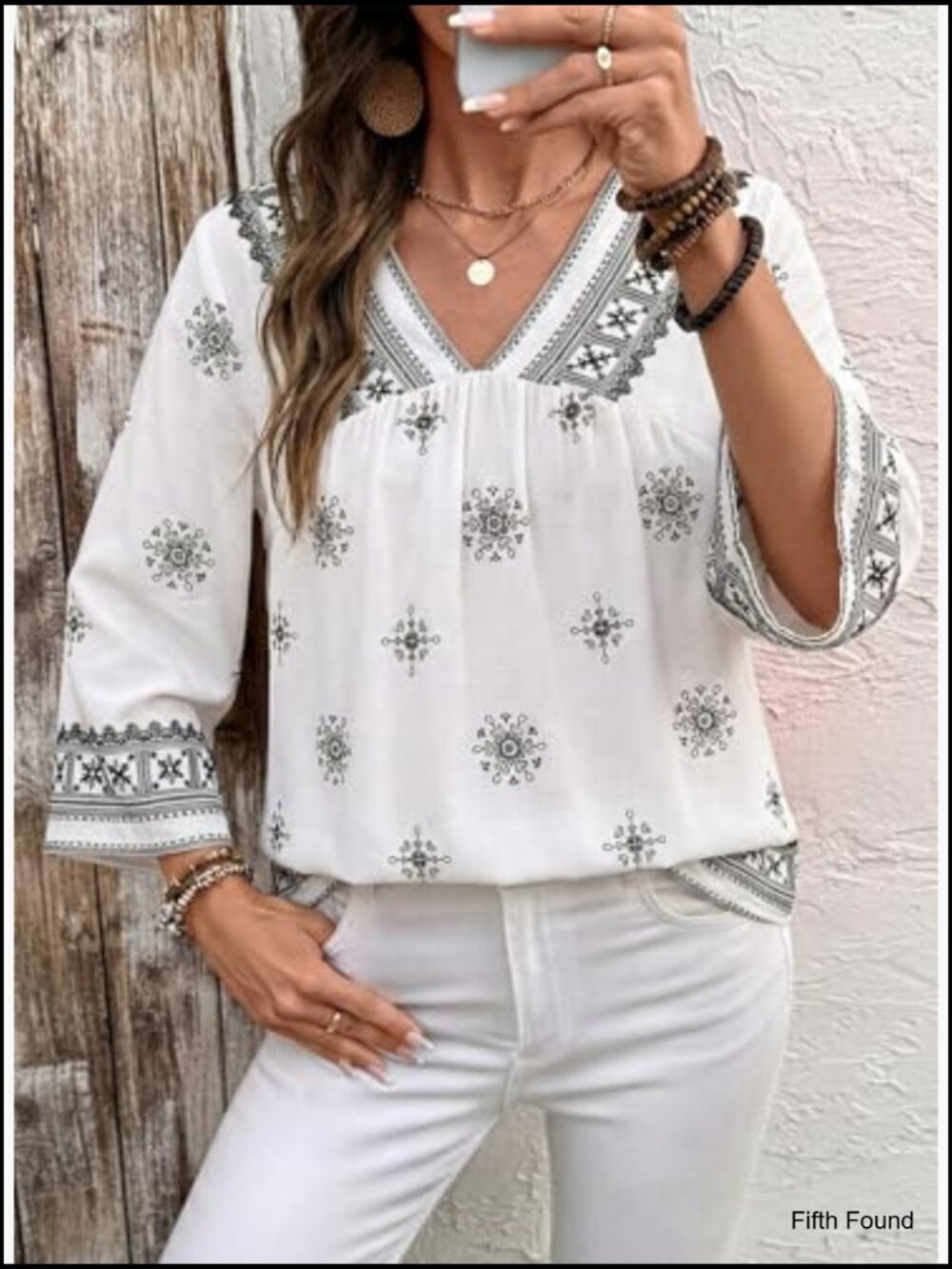 Womens Retro Print V Neck 3/4 Sleeve Boho Vacation Blouse Shirt - Picture 3 of 7